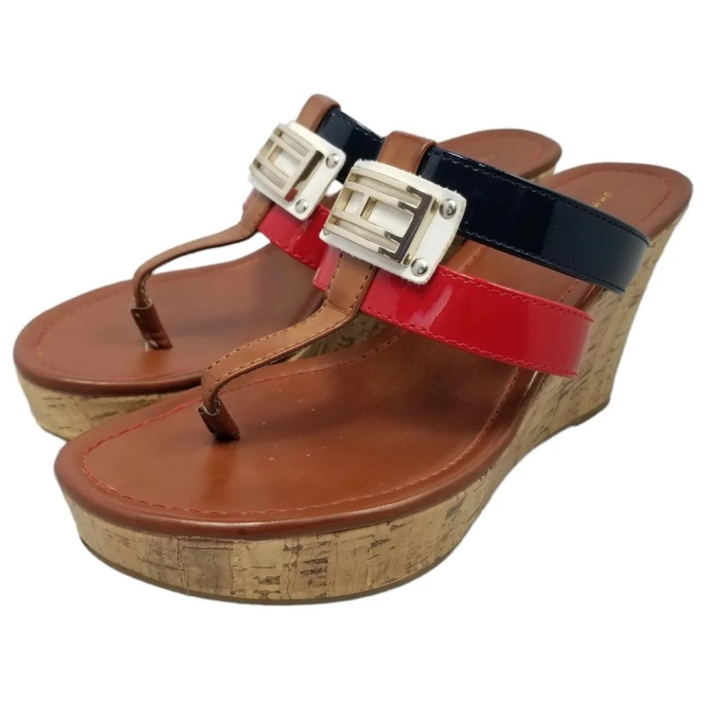TOMMY HILFIGER GUC navy blue Red White tan women cork wedge sandals size 7​